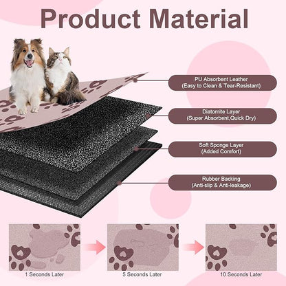 BLESWIN Pet Feeding Mat 12"x20", Absorbent Pet Food Mat, Dog Food Mat Small, Rubber Dog Mats are Non-Slip and Waterproof to Protect Floors, Mat for Cat Food and Water Bowls, Cat Feeding Mat, Pink