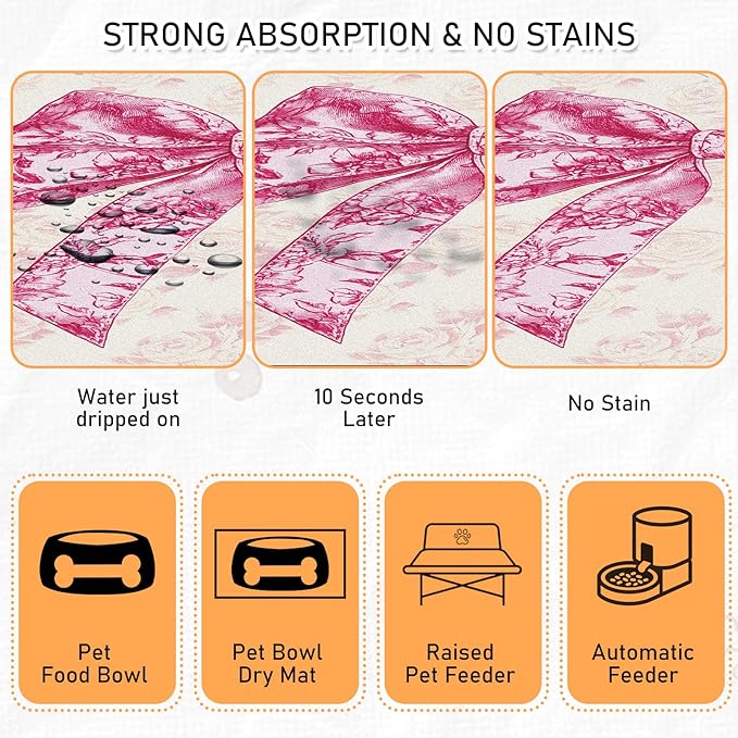 Dog Bowl Mat for Food and Water - Hamdwerk Absorbent Anti Slip Cat Feeding Mats for Floors, Quick Dry Pet Dog Feeding Matts, Diatomite Pet Dish Placemat Supplies, Coquettee Bow Style, 16 * 24in