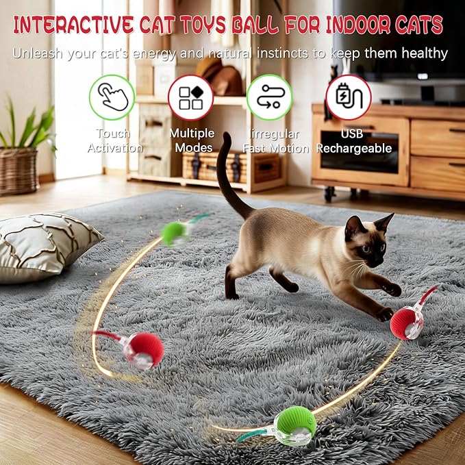2pcs Interactive Cat Toys Ball for Indoor Cats Fast Rolling on Carpet, Chirping & Motion Activate Cat Toys Kitten Toys for Bored Indoor Cats,Motion Activated (Red+Green)