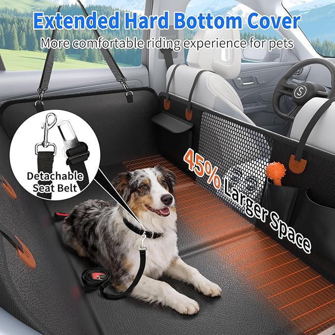 Back Seat Extender for Dogs, Heavy-Duty Hard Bottom Backseat Cover, Car Hammock for Dogs & Pets, Upgraded PU Leather - Waterproof & Anti-slip & Anti-scratch & Wipe-down Cleaning for Cars & SUVs