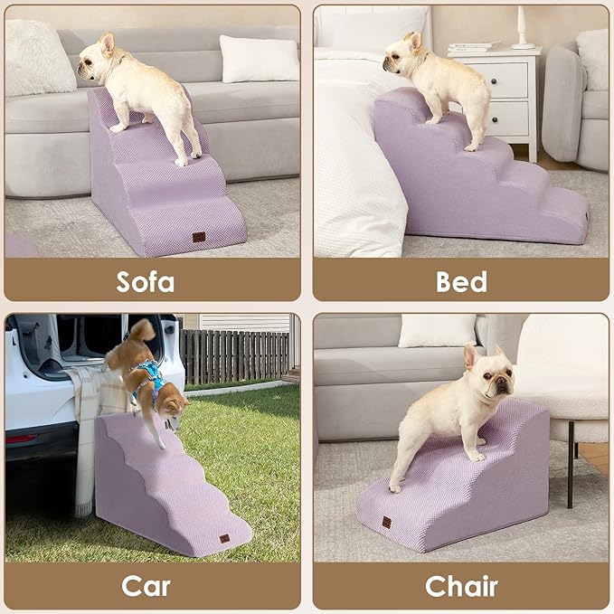 EHEYCIGA Curved Dog Stairs Ramp for High Beds 22.6" H, 5-Step Dog Steps for Small Dogs and Cats, Pet Stairs for High Bed Climbing, Non-Slip Balanced Pet Step Indoor, Lilac