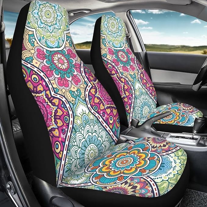 Dreaweet Boho Car Seat Covers Front Seats Universal 2 Piece Mandala Floral Pattern Car Decor Washable & Universal Seat Covers for Cars SUV Sedan