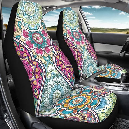 Dreaweet Boho Car Seat Covers Front Seats Universal 2 Piece Mandala Floral Pattern Car Decor Washable & Universal Seat Covers for Cars SUV Sedan