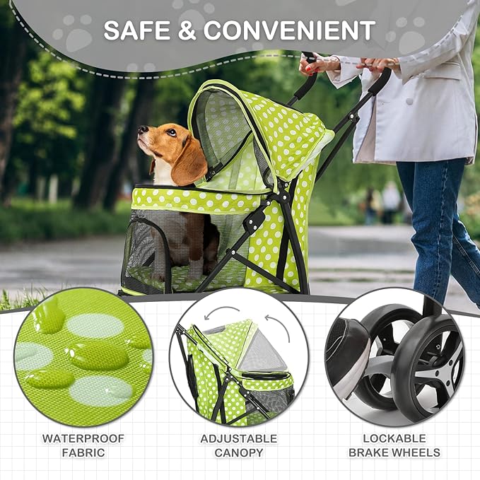 Dog Stroller, 4 Wheels Pet Stroller for Cats with Storage Bag&Visible Mesh, Easy-Fold Umbrella Shaped Cat Stroller and Pet Stroller for Medium Dogs&Small Dogs, Lawn Green with White Polka Dots