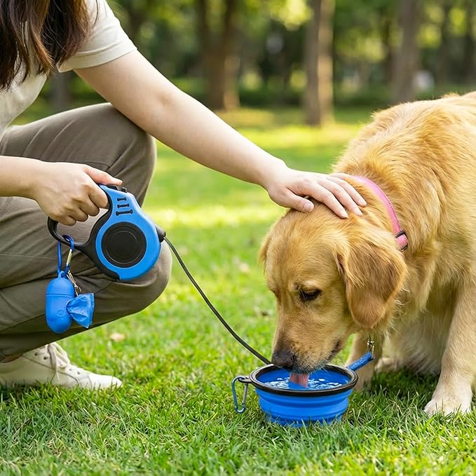 PETIMP Retractable Dog Leash Lightweight 16FT Leash Claw Print, with Folding Bowl,Dispenser,Rubbish Bags, for Small Medium Dogs(Blue)