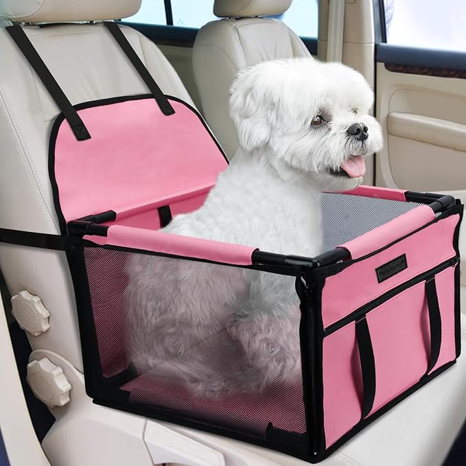 PetsHome Dog Car Seat Foldable Dog Car Booster Seat Waterproof Breathable Oxford Travel Bag for Small to Medium Dogs, Puppies, and Pets-Pure Pink-Upgrade