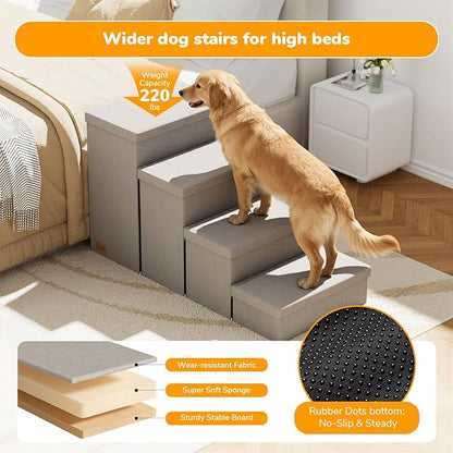 4-Step Wide Dog Stairs with Storage 23" H, Non-Slip Sturdy Pet Steps for High Bed Couch Window, Pet Stairs for Small/Medium/Large Old Dogs Cats Up to 220lbs, Cat Dog Steps for Car/SUV, Grey