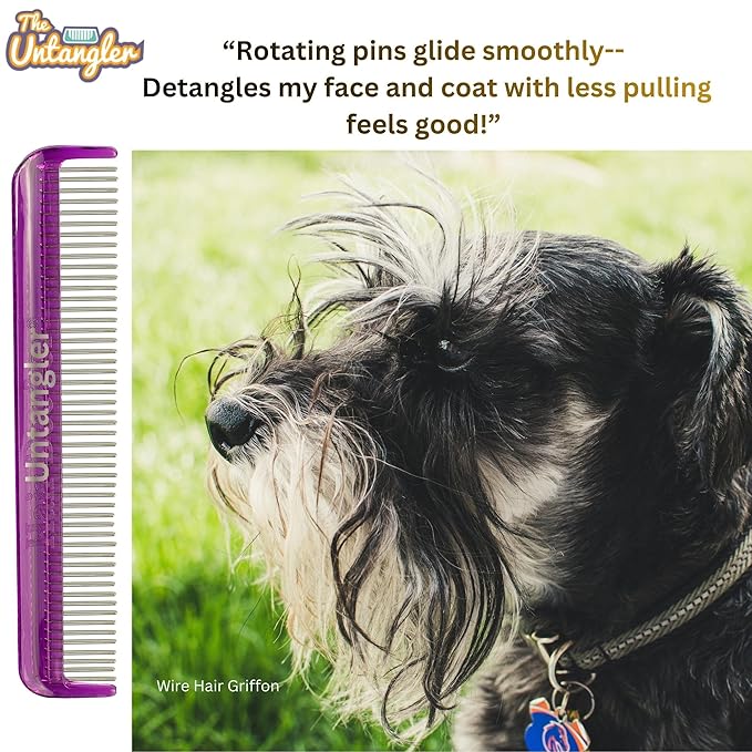 Pet comb for easy mat removal - silky smooth rotating teeth untangles without causing pain to pets. (7", Purple)