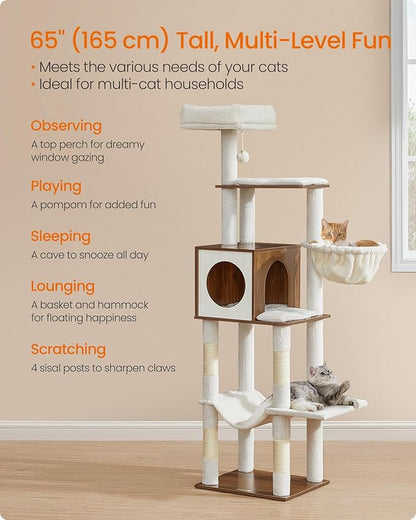 Feandrea Cat Tree, 65-Inch Tall Cat Tower, Multi-Level Condo with Cave, Basket, Hammock, Pompom, Scratching Posts, Honey Brown UPCT118K03