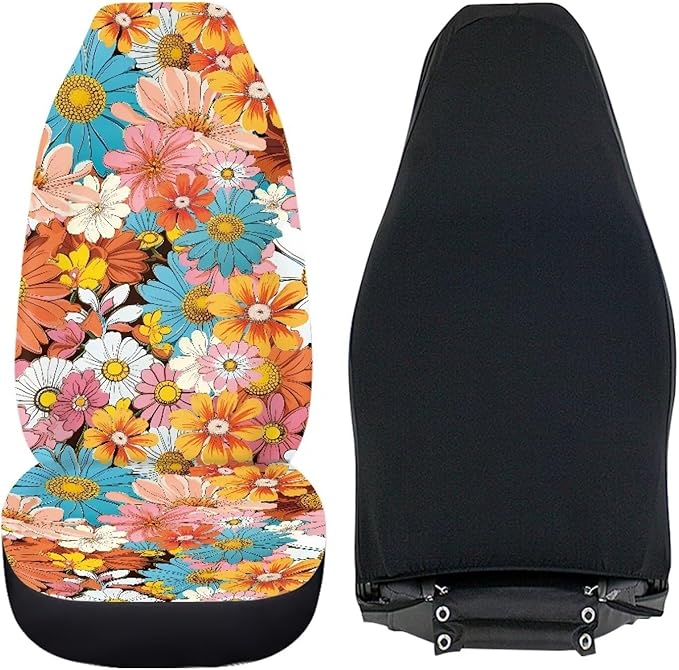 Groovy Hippie Flower Daisy Car Seat Covers Full Set of 2, Cloth Seat for Auto Front Seats, Black Seat Covers Cars Washable Breathable Car Accessories for Sedan Truck SUV