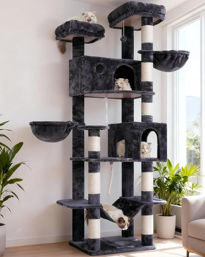Tall Cat Tree, Large Cat Tower for Adult Cats, 80.7'' (205cm) Heavy-Duty Cat Tree House for Indoor Cats 20 lbs+ with Scratching Posts, 2 Top Perches/Condos, Hammcok, Smoky Gray GCT034G
