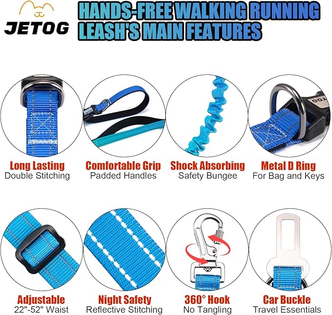 Heavy Duty Hands Free Dog Leash, 5-7 FT Reflective Adjustable Waist Dog Leash Belt with Padded Handles, Shock Absorbing Bungee and Car Seat Belt for Large Medium Dogs (Gradient Cobalt, XL)