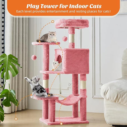 DUMOS Small 44 Inch Cat Tree Tower, Cat Climbing Tower with Natural Sisal Scratching Posts, Hammock, Pet Condo for Indoor Cats and Kittens Play, Pink