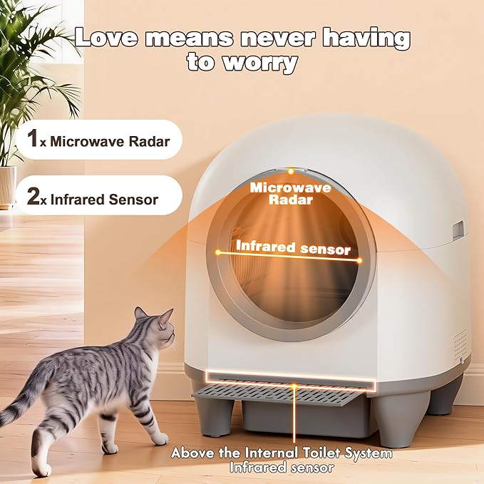 Greesum UltraSmart AutoClean Litter Box - 90L Large Capacity for Multi-Cat Households with Safeguard Tech, APP Control, Odor-Free Design & Mat/1 Roll Litter Bag