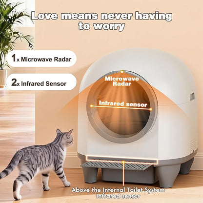 Greesum UltraSmart AutoClean Litter Box - 90L Large Capacity for Multi-Cat Households with Safeguard Tech, APP Control, Odor-Free Design & Mat/1 Roll Litter Bag