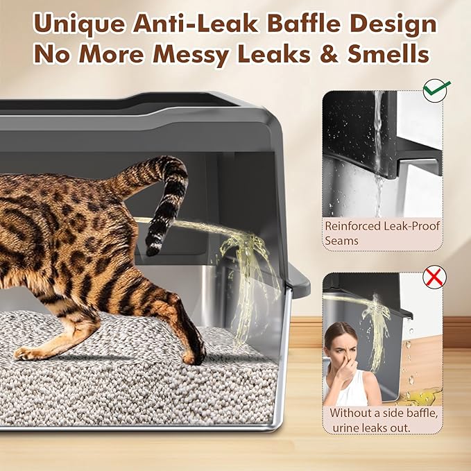 Jumbo Stainless Steel Cat Litter Box, Open Top Litter Box with 13.7" High Sides to Stop Scatter, Large Cat Litter Box for Multiple Cats, Easy Clean & Odor Resistant, Includes Scoop