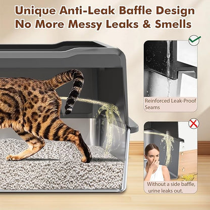 Jumbo Stainless Steel Cat Litter Box, Open Top Litter Box with 13.7" High Sides to Stop Scatter, Large Cat Litter Box for Multiple Cats, Easy Clean & Odor Resistant, Includes Scoop