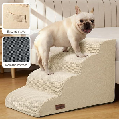 Dog Steps for Bed and Couch,4-Step Dog Stairs and Ramp for Small Dogs & Cats,Indoor Anti-Slip Pet Stairs for Old Cats and Puppy,Beige