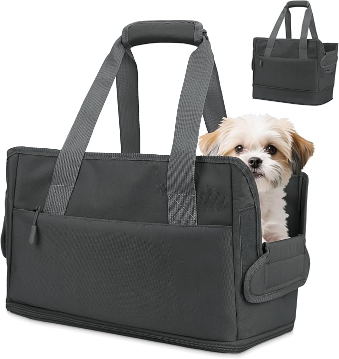 Dog Purse Carrier for Small Dogs Under 10 lbs with Pockets Adjustable Soft Sided Pad Extendable Dog Carriers Tote for Puppies with Safety Leash Clip for Travel Shopping (Dark Gray)