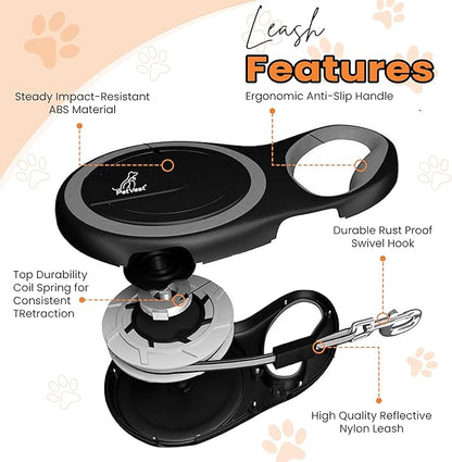Retractable Dog Leash – Extendable up to 26 FT, Heavy Duty Nylon Tape, No-Tangle, One-Handed Brake & Lock, for Small to X-Large Dogs up to 110 lbs (Black)