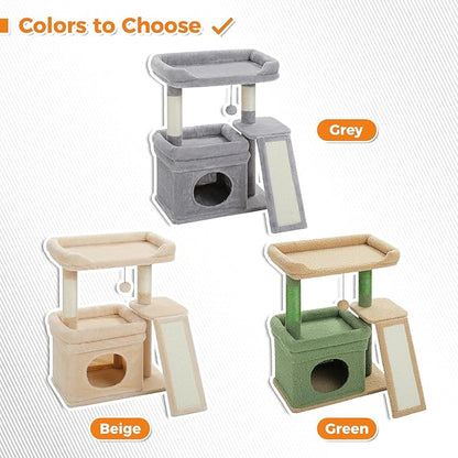 PEQULTI Small Cat Tree Tower for Large Adult Cats with Wide Top Perch, Private Cat Condo and Sisal Scratching Post&Pad for Indoor Cats, Gray