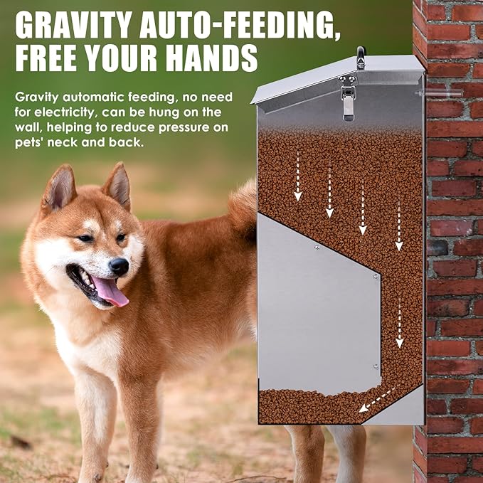 Automatic Dog Feeder Large Breed Outdoor Auto Dog Food Dispenser 25lbs Large Capacity Stainless Steel Gravity Pet Feeder Feeding Station Pet Dry Food Dispenser (M)
