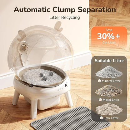 Automatic Self Cleaning Litter Box, Cat Litter Box with APP Control, 65L Globe & Dual Safety Sensors, Robot Litter Box, 1 Roll Garbage Bags and Litter Mat, <35DB, for Multiple Cats, White