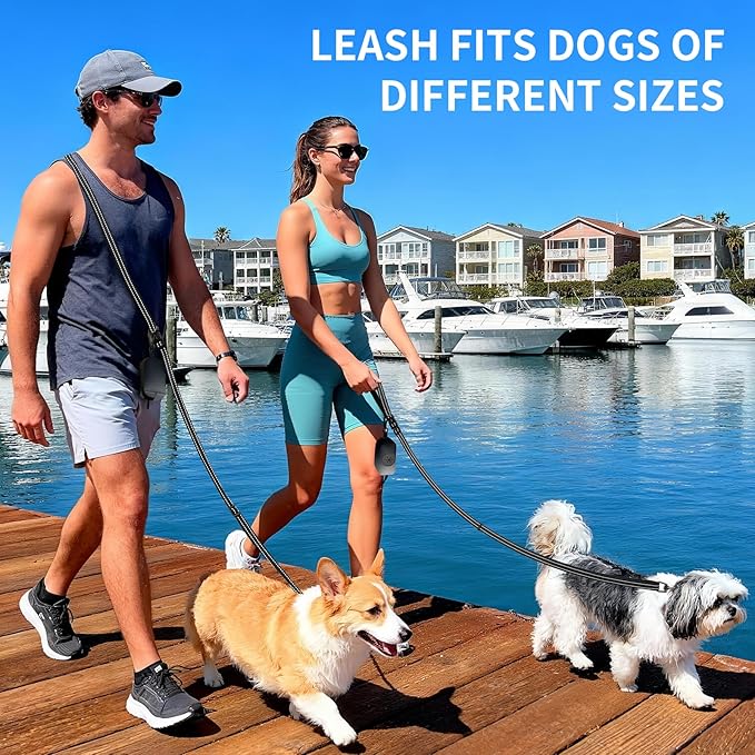 Kazazoo Hands-Free Dog Leash with Poop Bag Holder, Adjustable 4-7 Ft Waist for Dog Walking, Running for Small & Medium Dogs with Reflective Strips, Nylon Waist Belt, Black