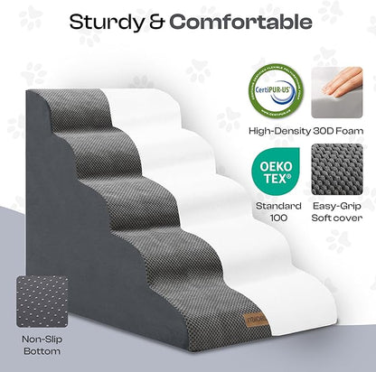 Extra Wide Dog Stairs for Large Dogs Up to 80lbs, 25" Pet Steps for High Bed with Washable Cover, 5-Step Foam Bed & Couch Ladder for Small Medium Dogs & Senior Cat, Gray
