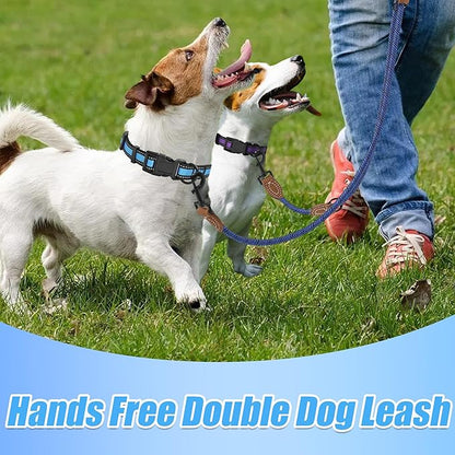 Mile High Life Dual Dog Leash, Double Dog Leash, 360 Swivel No Tangle Walking Leash, Hands Free Leash w Leather Tailored Connection, Double Rope Leash for Two Dogs (Blue, 8FT)