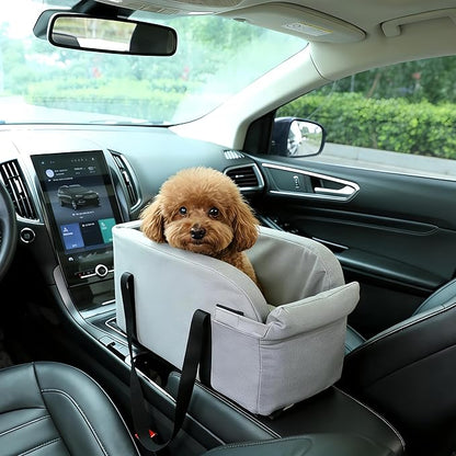 Waterproof Faux Leather Center Console Dog Car Seat, 2-in-1 Portable Puppy Carrier & Armrest Booster Seat for Small Dogs, Easy-to-Clean Tech Fabric, Sturdy Cushioned, Anti-Collapse Walls, Under 11 lbs