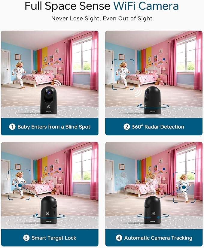 FOSCAM 4K Indoor Camera, Full Space Sense WiFi Camera with 360° Radar Auto-Tracking Baby & Pet Camera - No-Blind-Spot View, One Touch Call, Human/Motion/Sound Detection, Compatible with Alexa (Black)