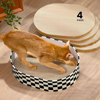 Cat Scratcher Box with 4 Cat Scratching Board Reversible Scratch Pad, Heavy Duty Corrugated Cardboard Pet Bed Lounger Kitty Scratchers for Indoor, Protects Furniture,Kittens Gifts-Large