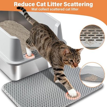2PCS XL Stainless Steel Cat Litter Box with Lid,Metal Litter Box High Sides for Big/Multiple Cats,Open Design,Indoor,1-Mat and 1-Scoop,Easy to Clean, No Odor,Anti-Urine Leakage
