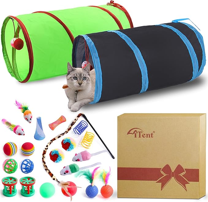 23PCS Assortment of Cat Toys -Foldable Spiral Tunnel,Spring,Mice,Cat Interactive Feather Teaser Wand Ball Toy, Colorful Balls & Bells for Kittens, Cats, and Puppies!