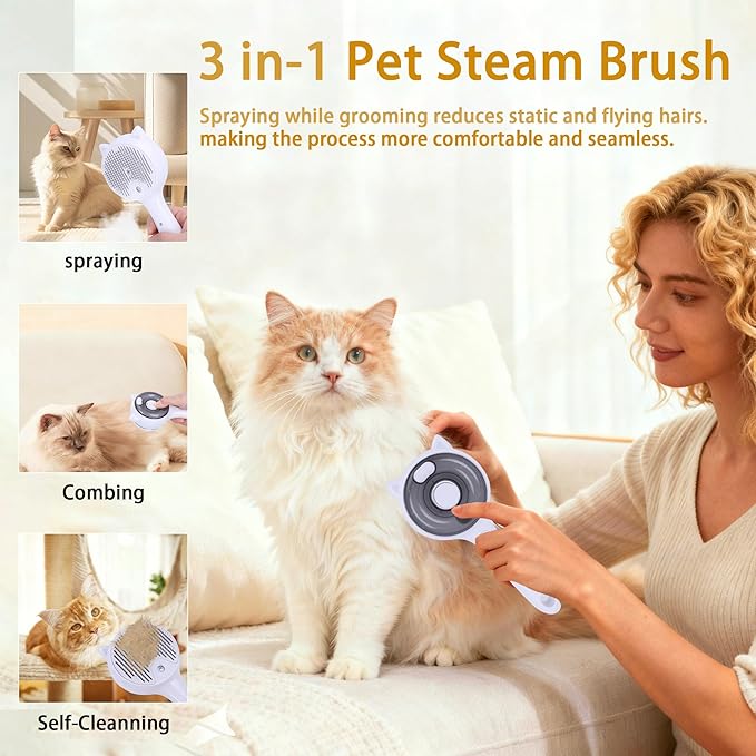 Pet Steam Brush for Cats & Dogs ，3-in-1 Pet Grooming Comb，Reduces Shedding, Soft Bristles, Promotes Healthy Coat-Comes - Includes Waterless Shampoo，White