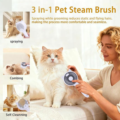 Pet Steam Brush for Cats & Dogs ，3-in-1 Pet Grooming Comb，Reduces Shedding, Soft Bristles, Promotes Healthy Coat-Comes - Includes Waterless Shampoo，White