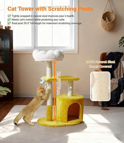 Happi N Pets Cat Tree, 33" Multi-Level Cloud Cat Tree Tower with Cozy Padded Bed & Large Condo for All Sized Cats, Featuring Scratching Posts, Viewing Perch & Toys, Stable Small Cat Tower