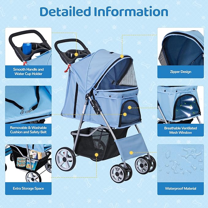 ZENY Foldable Pet Stroller, Cat/Dog Stroller with 4 Wheel, Pet Travel Carrier Strolling Cart with Storage Basket, Cup Holder (Blue)