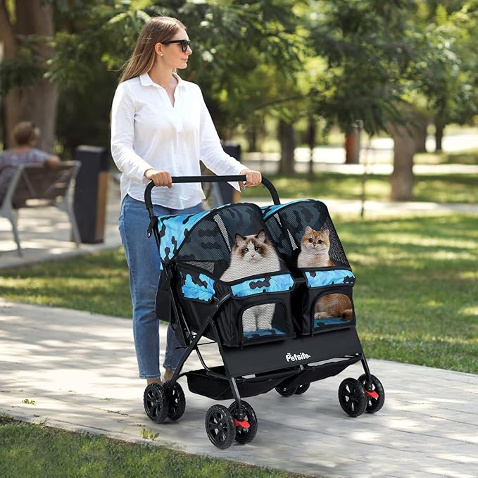 PETSITE Double Pet Stroller, Foldable Double Dog Stroller with 2-Seater Carrier, Adjustable Sunshade, Removable Pad, Safety Belt, Storage Basket, 4-Wheel Pet Travel Cart for 2 Puppies & Cats (Navy)