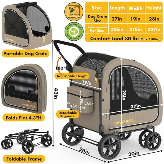 PAWZIDEA 3-in-1 Large Dog Stroller with Detachable Carrier up 100lbs, Foldable Dog Crate for Car Travel, All-Terrain Pet Stroller for 2 Medium Dogs, Jogger Wheels, Adjustable Handle, Stroage Organizer