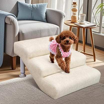 DoCred Adjustable Pet Stairs for Beds & Sofas - 3 Step 11.8"-14.5" H Non-Slip Dog Stairs for Small to Medium Dogs & Cats, Supports up to 150 lbs - Linen Faux Leather Dog Steps
