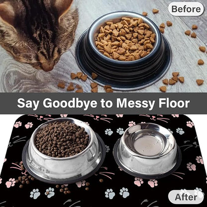 Patterned Cat & Dog Bowl Mat for Food and Water, 12"×20" Quick Dry Absorbent Pet Feeding Mat, Eco-Friendly Dog Placemat
