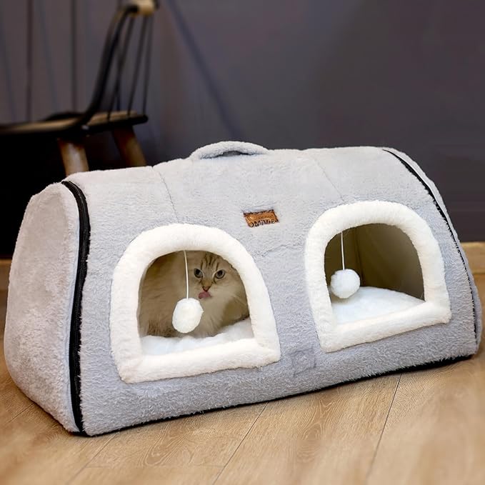 Cat Bed for Indoor Cats，Foldable cat cave，Anti-Slip & Water-Resistant Bottom，cat Houses for Indoor Cats or Small Dogs, Kitten Tent, Rabbit Double Hole Bed:(27.5"×15.3"×15"