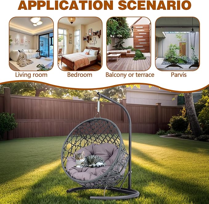 Cat Egg Chair with Stand & Cushion, Cat Swing Bed with Rattan Wicker Appearance, Hanging Chair for Indoor Cats Pet Kitten Puppy Small Dogs (Grey, 19.30 Inch)