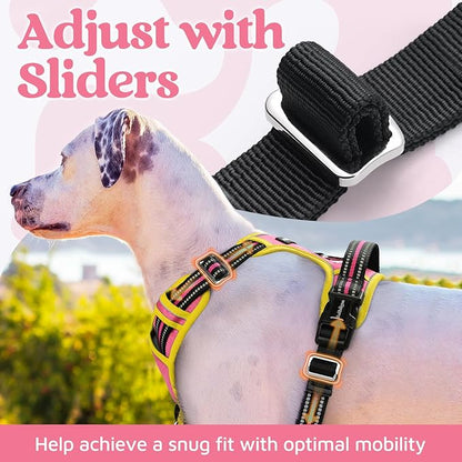 rabbitgoo Dog Harness Medium Sized, No Pull Dog Vest with 3 Buckles, Adjustable Soft Padded Pet Harness with Easy Control Handle and Reflective Strips, Pink & Yellow, M