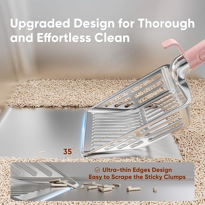 Metal Cat Litter Scoop, Large Cat Scooper with Deep Shovel & Dual Sifting Holes for Fast & Precise Sifting, Space Aluminum Kitty Litter Scooper with Long Handle & Easy-to-Hang Hook - Pink