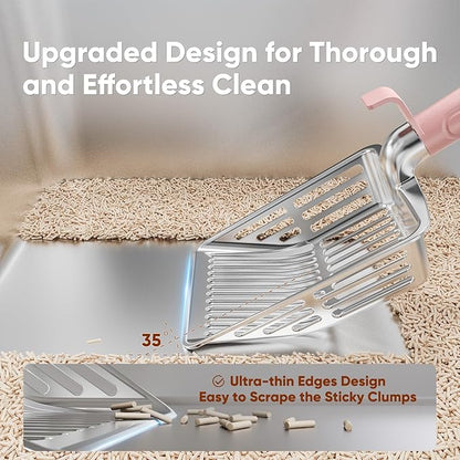 Metal Cat Litter Scoop, Large Cat Scooper with Deep Shovel & Dual Sifting Holes for Fast & Precise Sifting, Space Aluminum Kitty Litter Scooper with Long Handle & Easy-to-Hang Hook - Pink