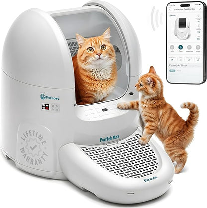 Petcove Self Cleaning Automatic Litter Box for Multi Cat - XL 65L Drum/Ultra Quiet 30-35dB Operation / 5 Safety Sensors/Easy App Control with Ultra Fast 5 GHz WiFi - Includes Ramp & 15 Litter Bags
