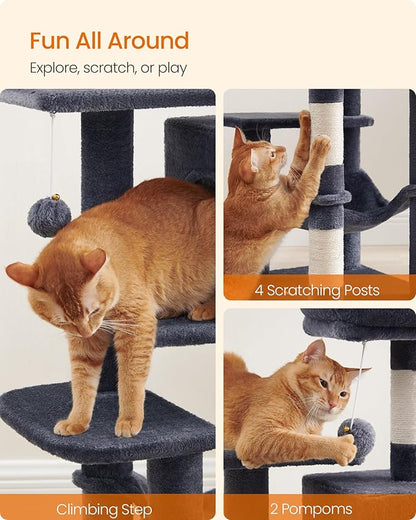Feandrea Cat Tree, 44.1-Inch Cat Tower, Plush Multi-Level Condo with 4 Scratching Posts, 2 Perches, Hammock, Cave, Smoky Gray UPCT261G01